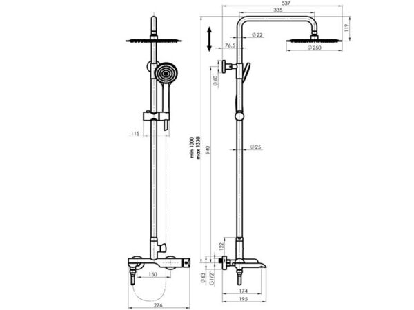 dušisüsteem Rubineta Olo + Ultra-10 BK Swivel segisti