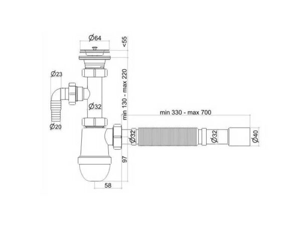 Ani Plast B1315EU sifoon valamule 1.¼” x 32×32/40mm gofr toruga + pesumasina ühendus