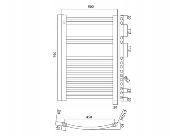 käterätikuivati kütteveele 500x750mm valge RAL-9016 profileeritud