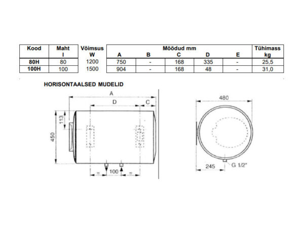 elektriboiler Regent 80L horisontaalne